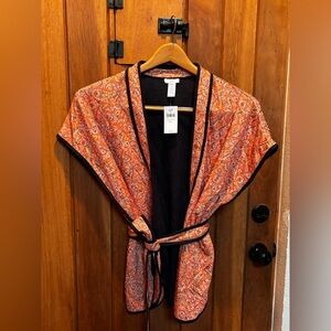 J Jill Quilted Paisley Orange Knit Kimono Style Wrap With Belt